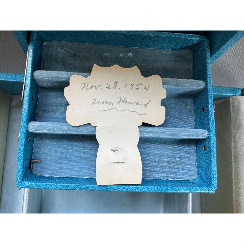 1950s Bond St. Blue Mid Century Folding Jewelry Box w Mirror Vintage Vanity Case